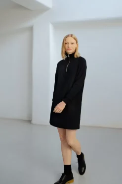 Half Zip Sweat Kleid Bio Baumwolle - Schwarz