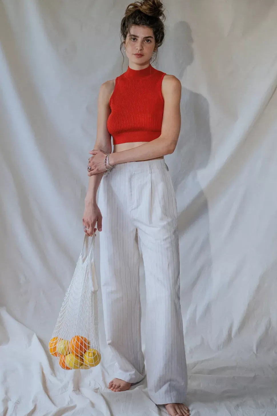 High Waist Hose Leinen Mix - Creme