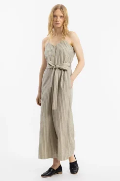 Jumpsuit Leinen Mix - Grau Gestreift