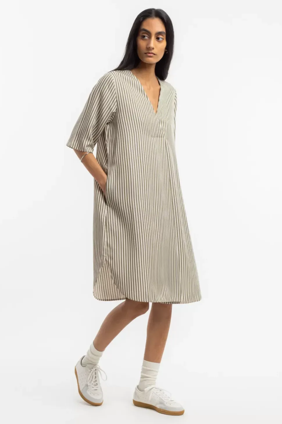 Kaftan Kleid Aus Lyocell - Oliv Gestreift