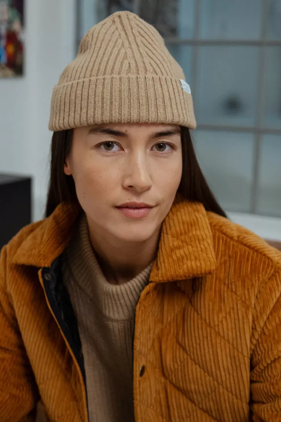 Kurze Mutze Wollmix Ripp - Beige