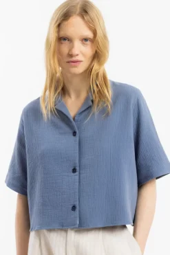 Kurzes Bowling Shirt Bio Baumwolle - Blau