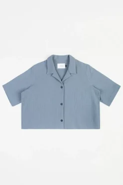 Kurzes Bowling Shirt Bio Baumwolle - Blau