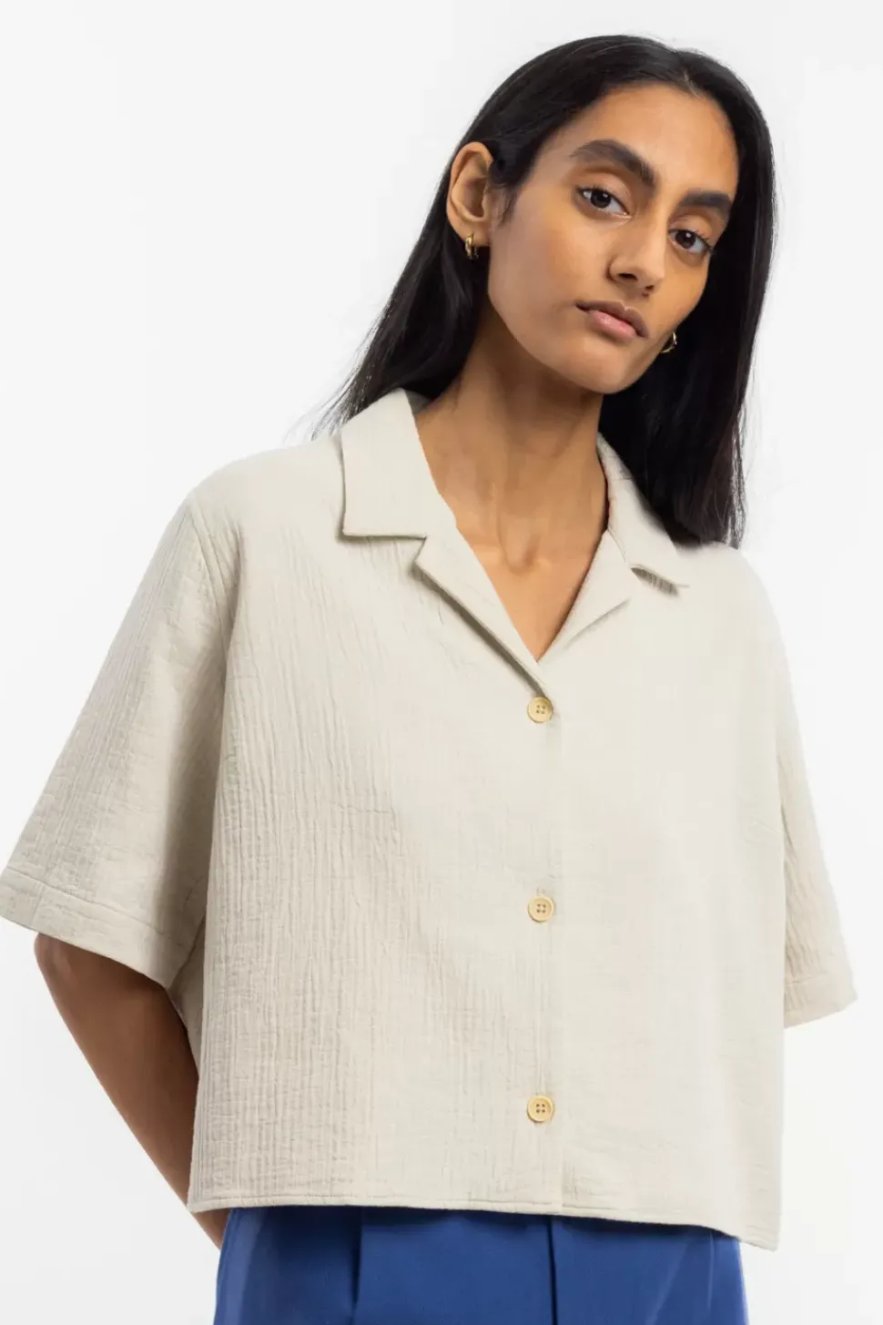 Kurzes Bowling Shirt Bio Baumwolle - Sand