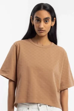 Kurzes Strukturiertes T-Shirt Bio Baumwolle - Karamell