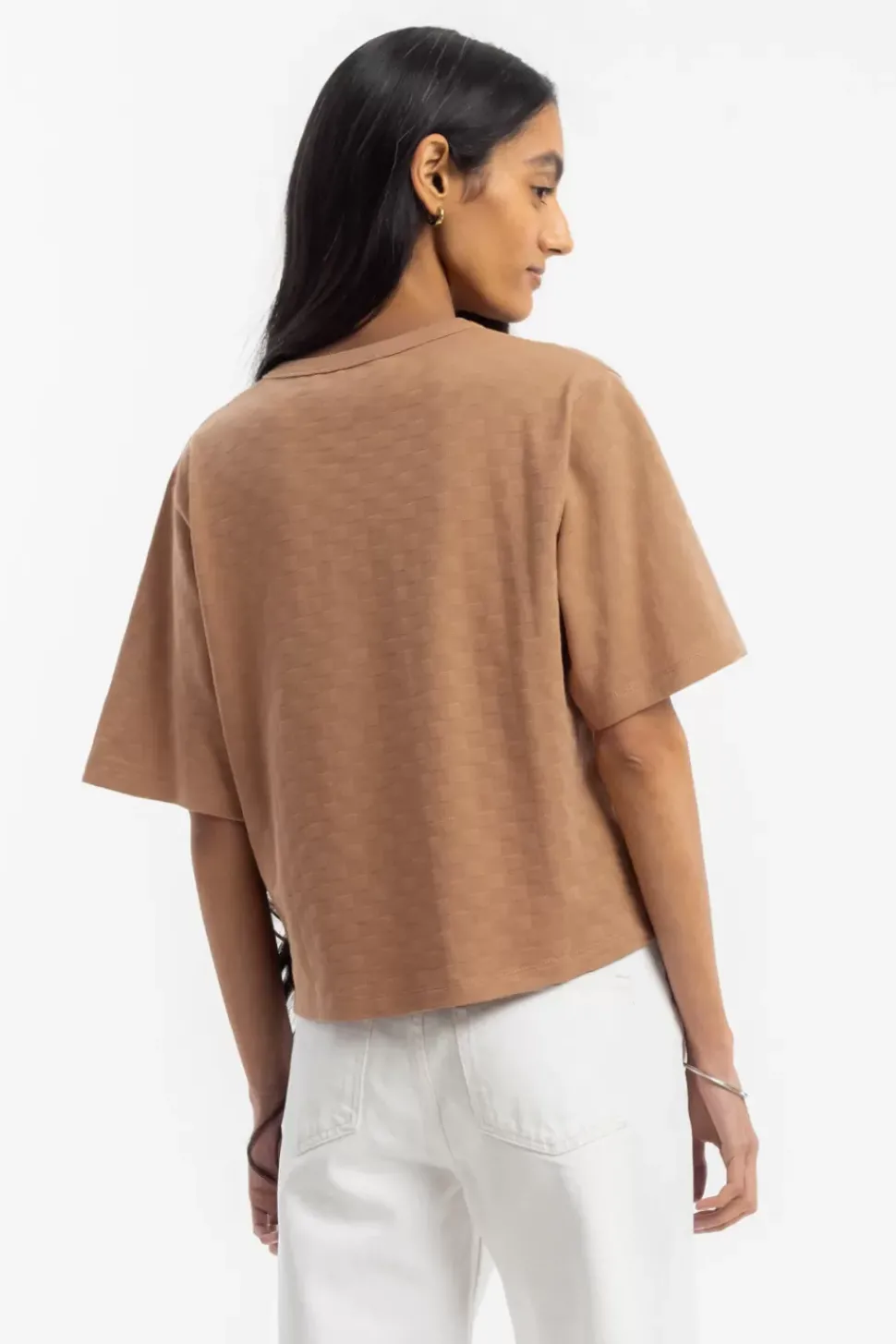 Kurzes Strukturiertes T-Shirt Bio Baumwolle - Karamell