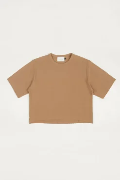 Kurzes Strukturiertes T-Shirt Bio Baumwolle - Karamell