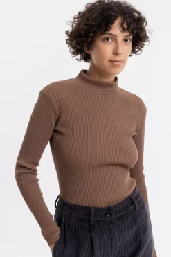 Mock Neck Longsleeve Aus Rippenstrick Braun