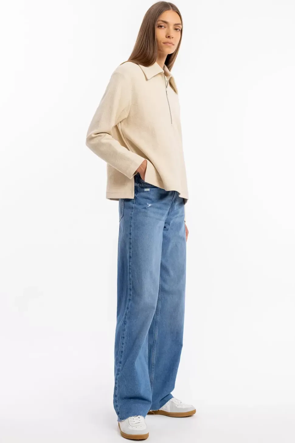 Polo Zip Sweatshirt Bio Baumwolle - Creme