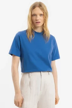T-Shirt Mit Breitem Kragen Bio Baumwolle - Blau